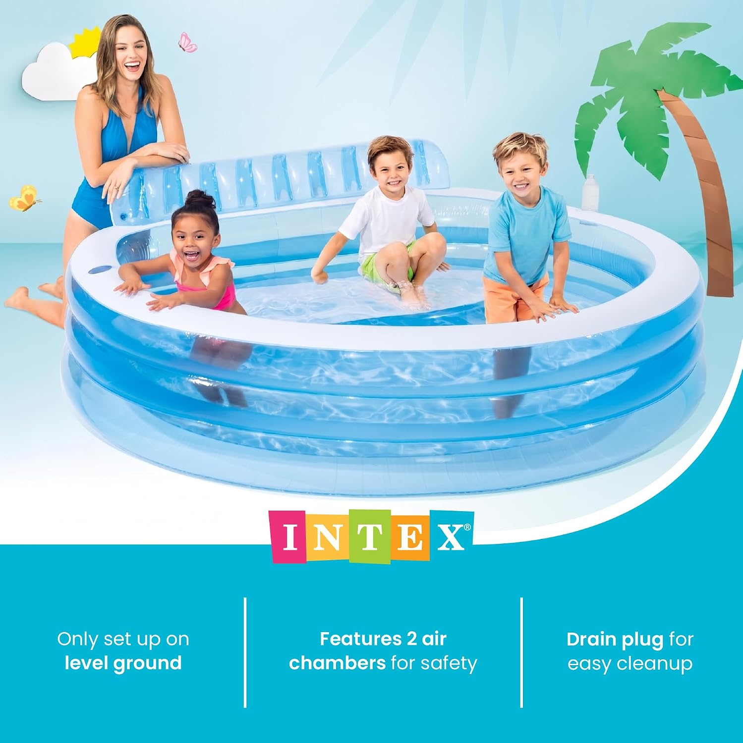 INTEX Swim Center Inflatable Family Lounge Pool: Built-In Bench – Cup Holder – 156 Gallon Capacity – 90 x 86 x 31 – Blue