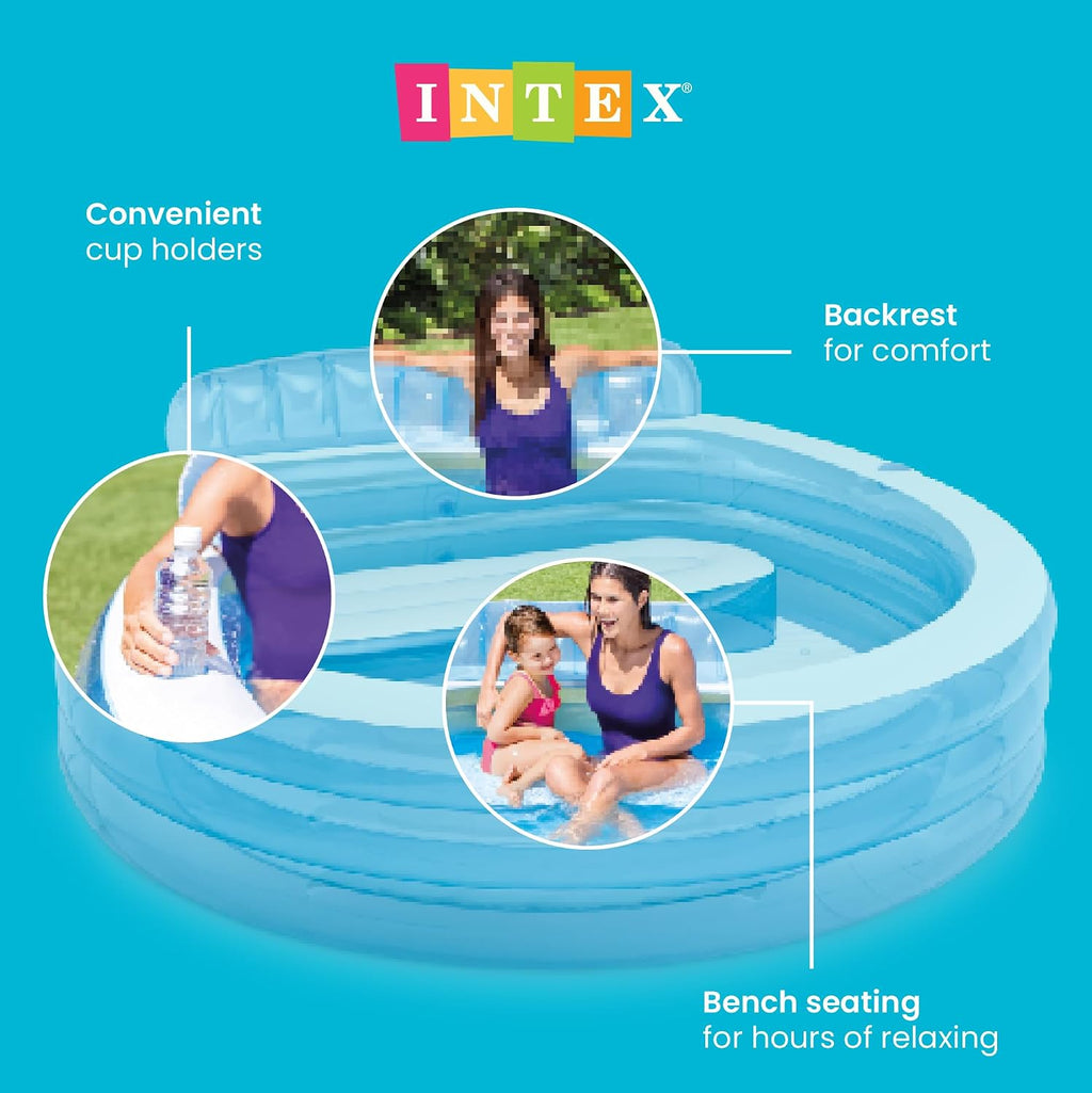 INTEX Swim Center Inflatable Family Lounge Pool: Built-In Bench – Cup Holder – 156 Gallon Capacity – 90 x 86 x 31 – Blue