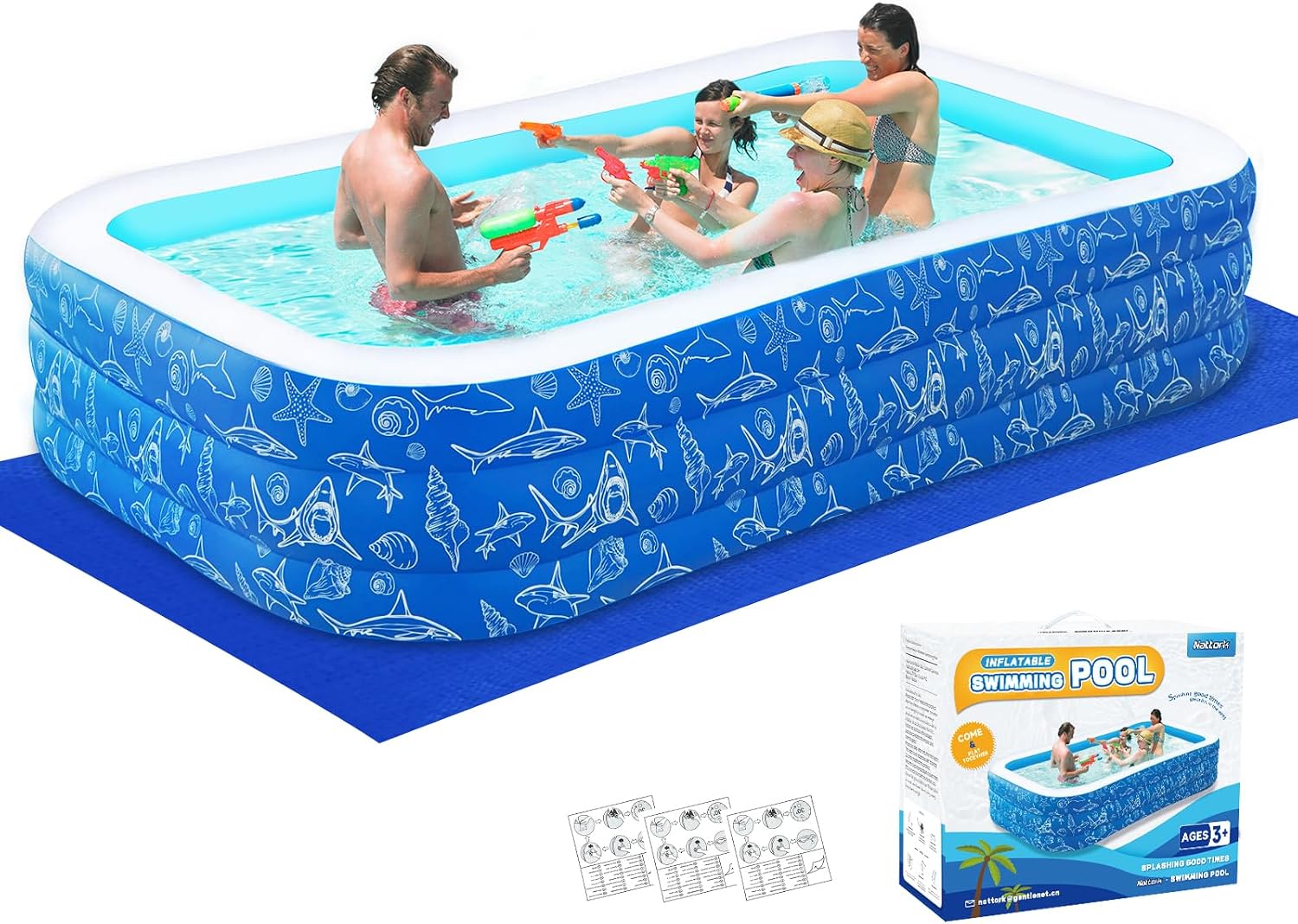 Inflatable Swimming Pool for Kids and Adults- 118 x 68 x 22 Family Full-Sized Blow Up Pools