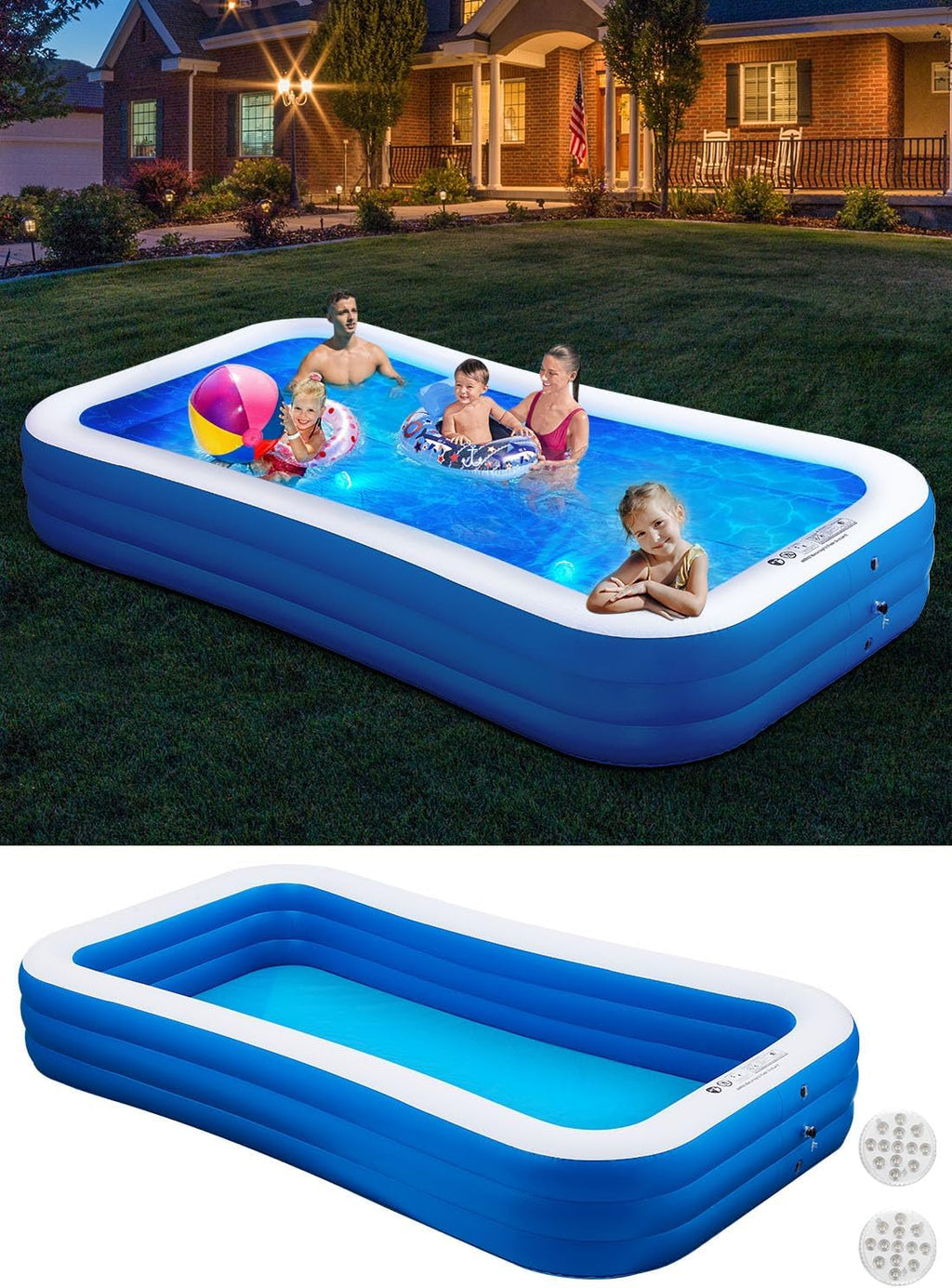 Inflatable Swimming Pool with Pool Lights, 130 x 72 x 22