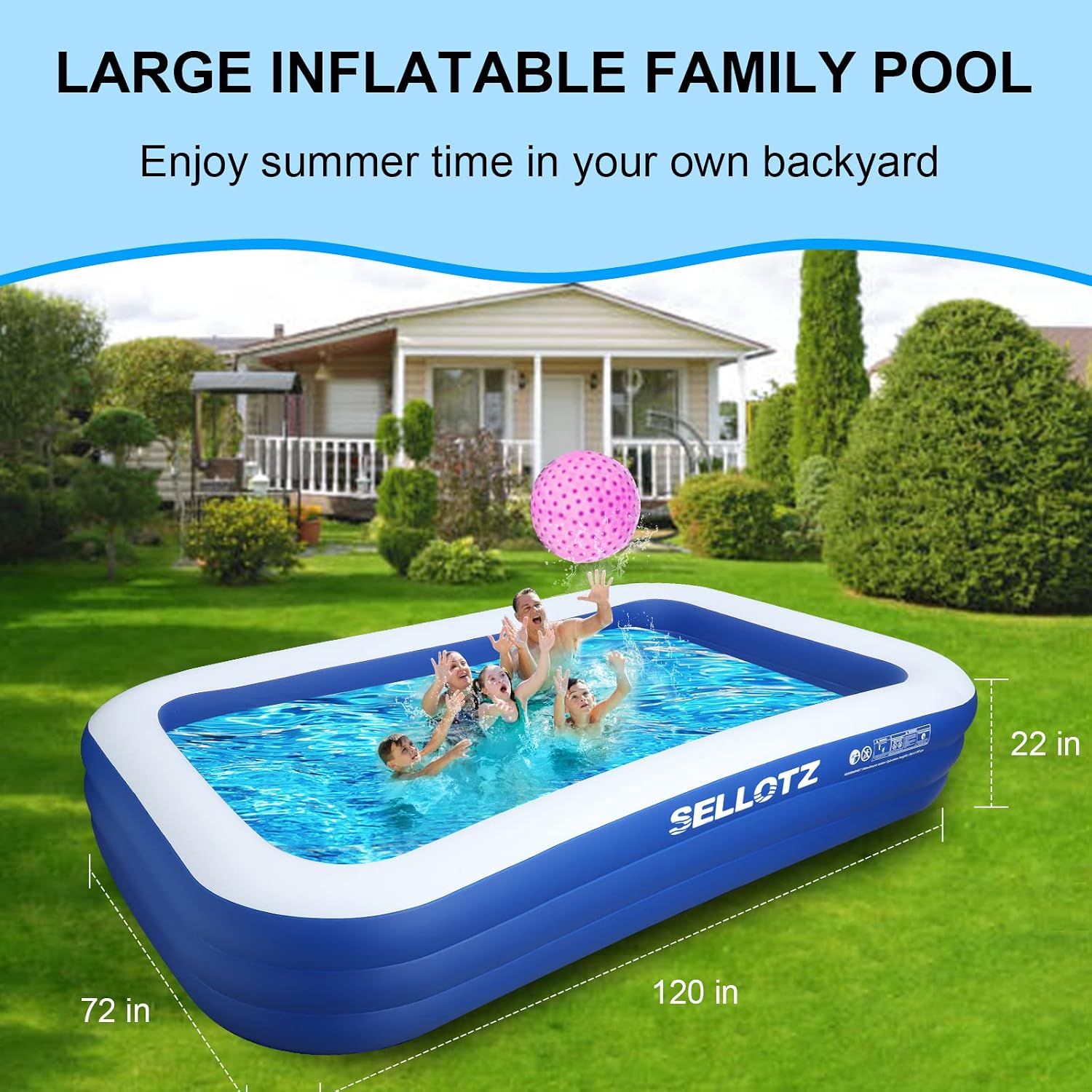 SELLOTZ Inflatable Pool for Kids and Adults, 120 X 72 X 22
