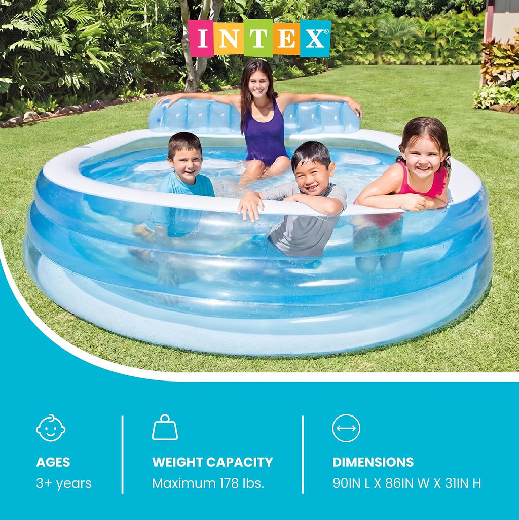 INTEX Swim Center Inflatable Family Lounge Pool: Built-In Bench – Cup Holder – 156 Gallon Capacity – 90 x 86 x 31 – Blue