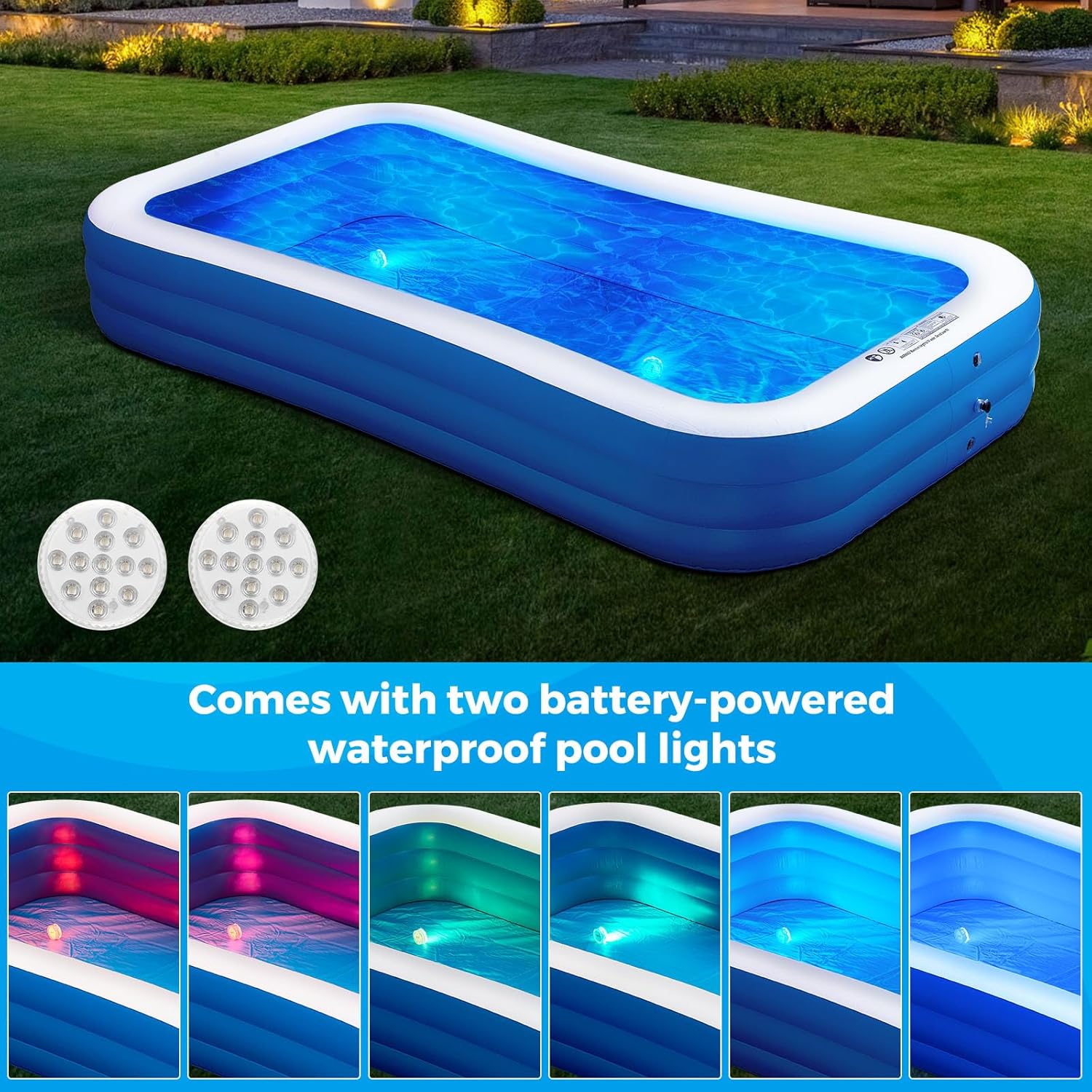 Inflatable Swimming Pool with Pool Lights, 130 x 72 x 22