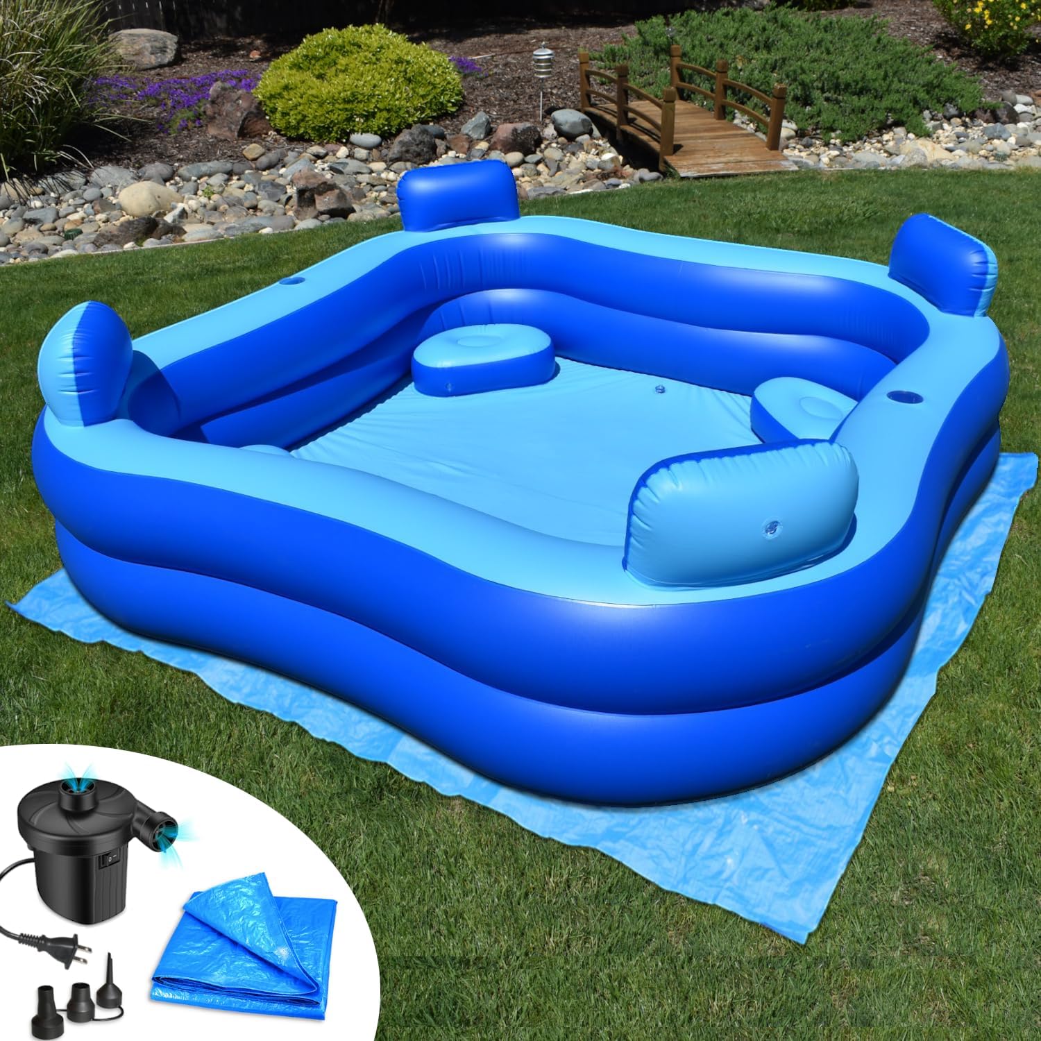 Rukala Inflatable Pool Bundle - 10ft x 6ft - Electric Pump and Ground Tarp Included