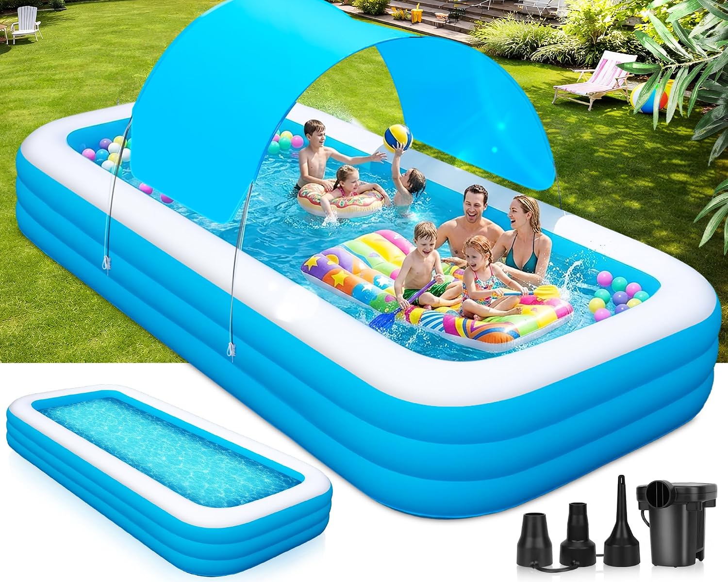 Extra Large Inflatable Pool for Adults and Kids, 145 x 74 x 22