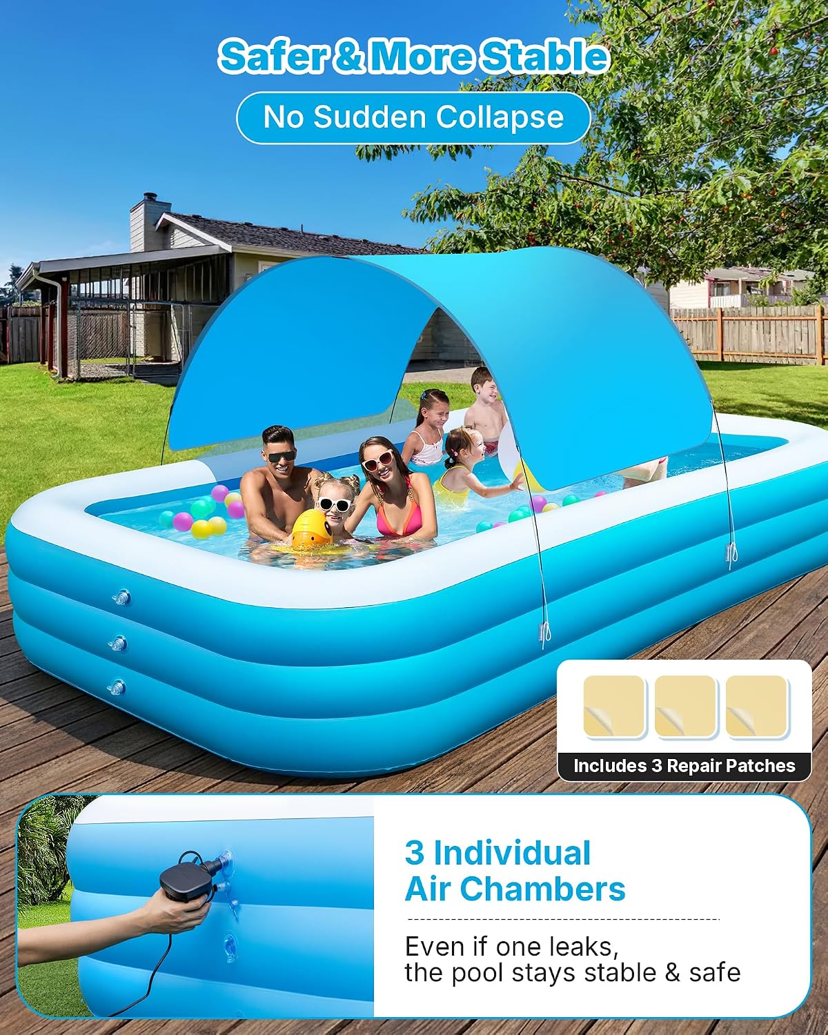 Extra Large Inflatable Pool for Adults and Kids, 145 x 74 x 22