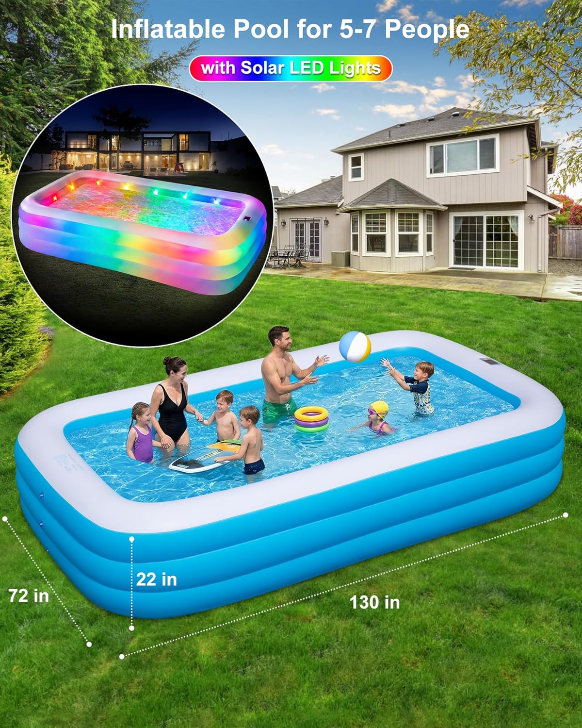 Inflatable Pool for Adults and Kids, 130x72x22