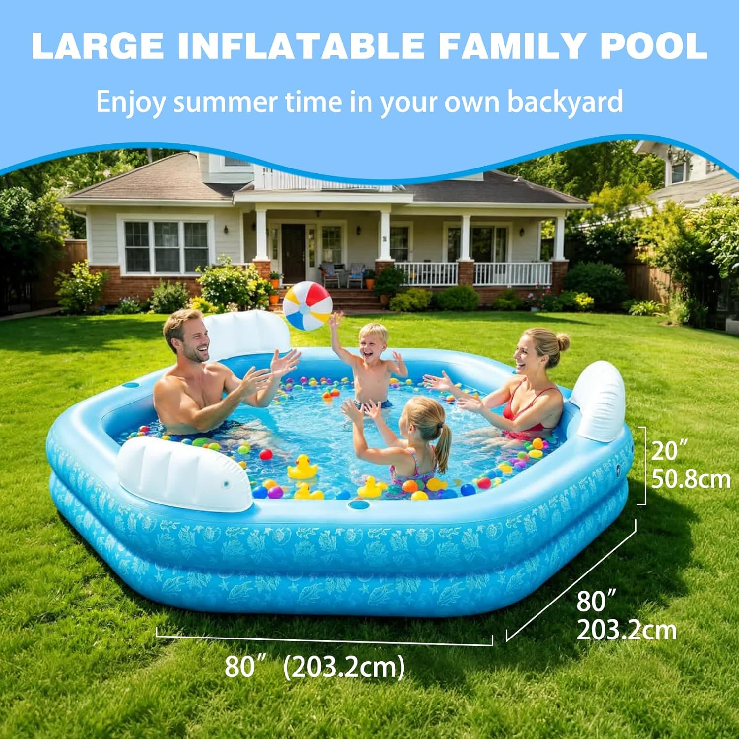 Inflatable Pool for Kids and Adults, PY SUPER MODE 85 x 85 x 23