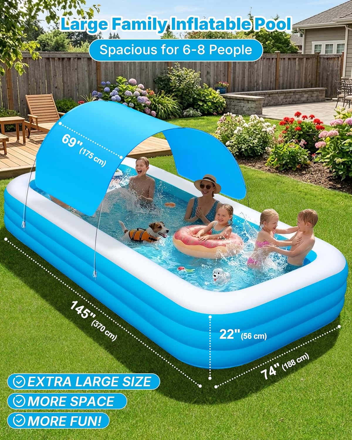 Extra Large Inflatable Pool for Adults and Kids, 145 x 74 x 22
