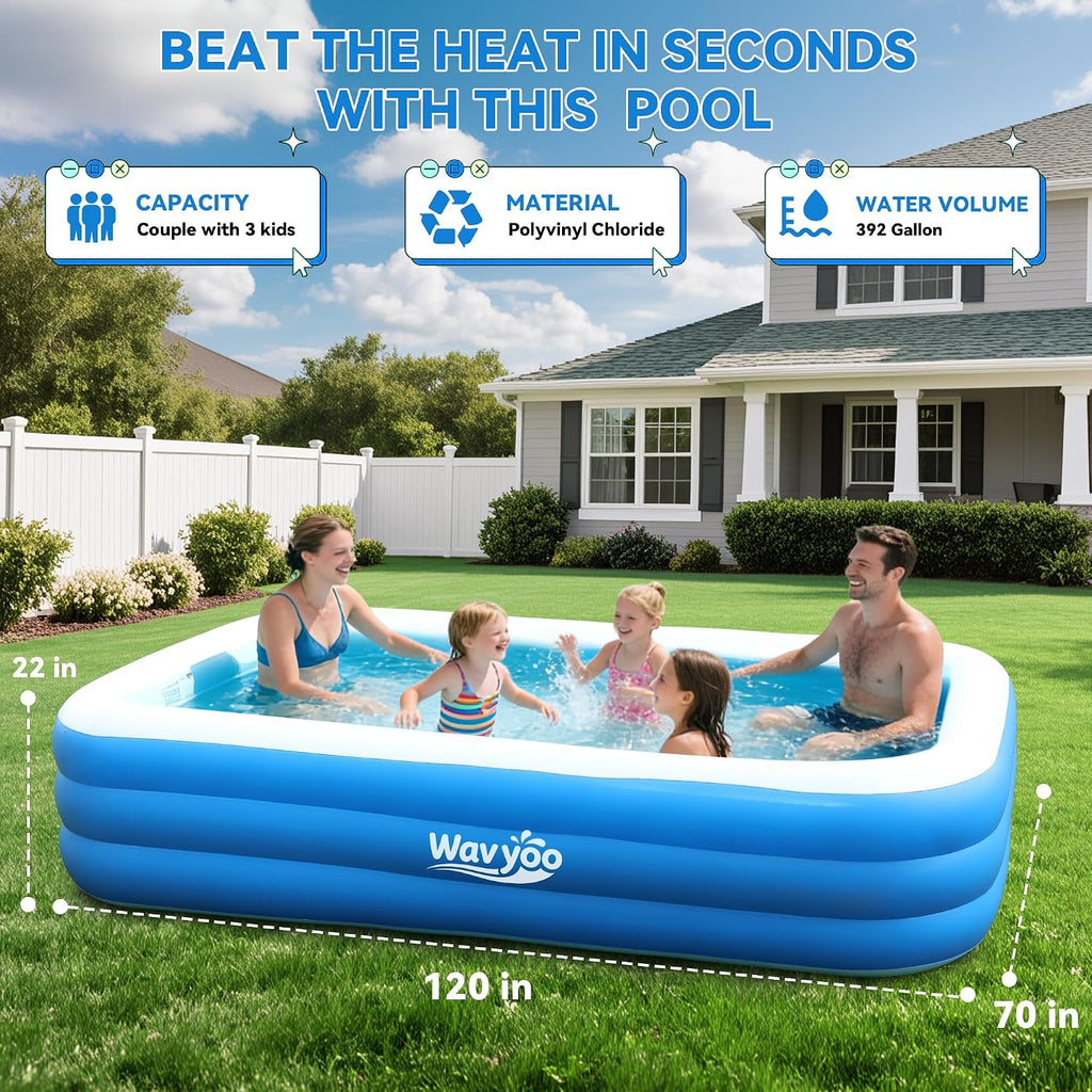 Large Inflatable Pool for Kid and Adult, 120x70x22 Blow Up Pool Backyard