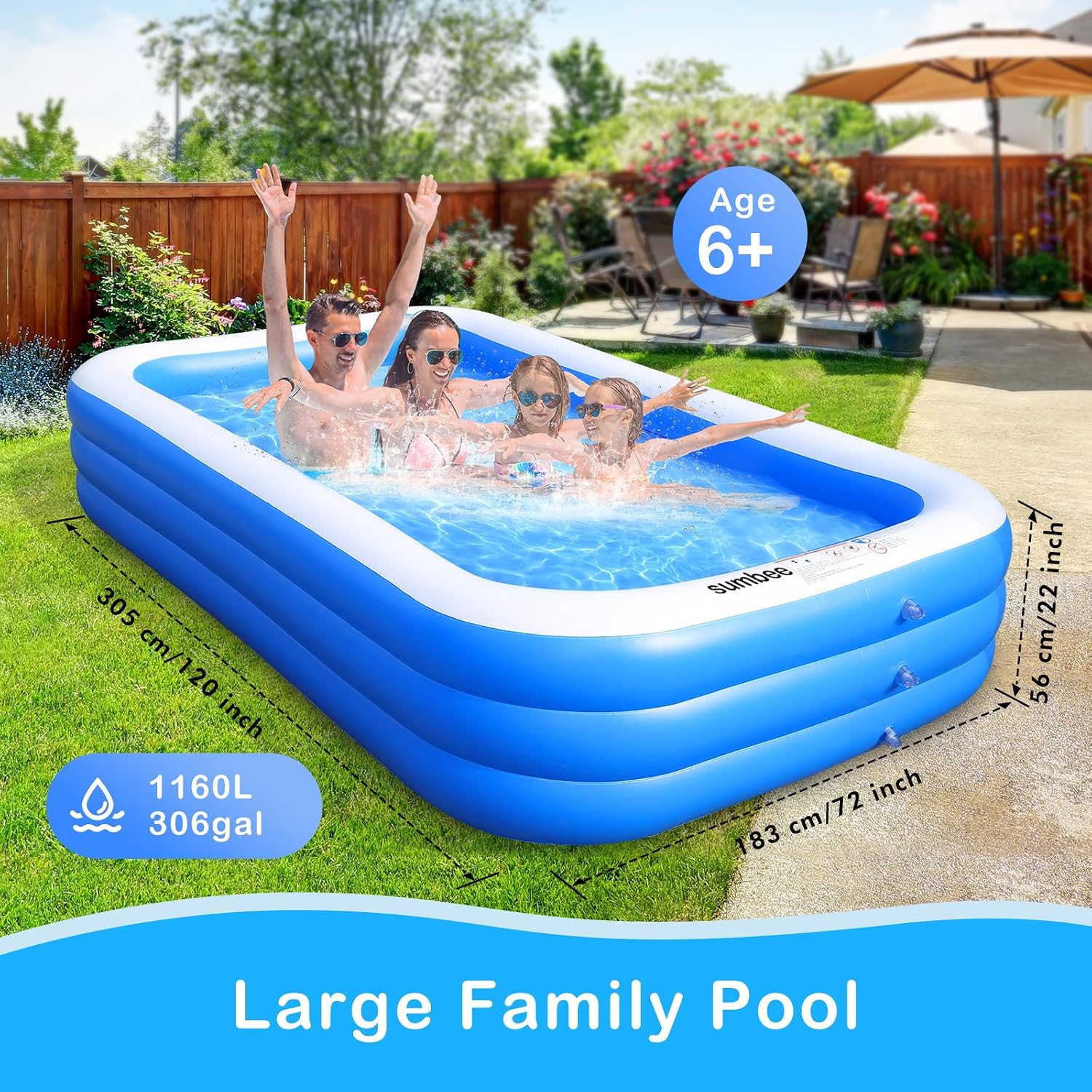 Sumbee Inflatable Pool for Kids and Adults, 120 x 72 x 22