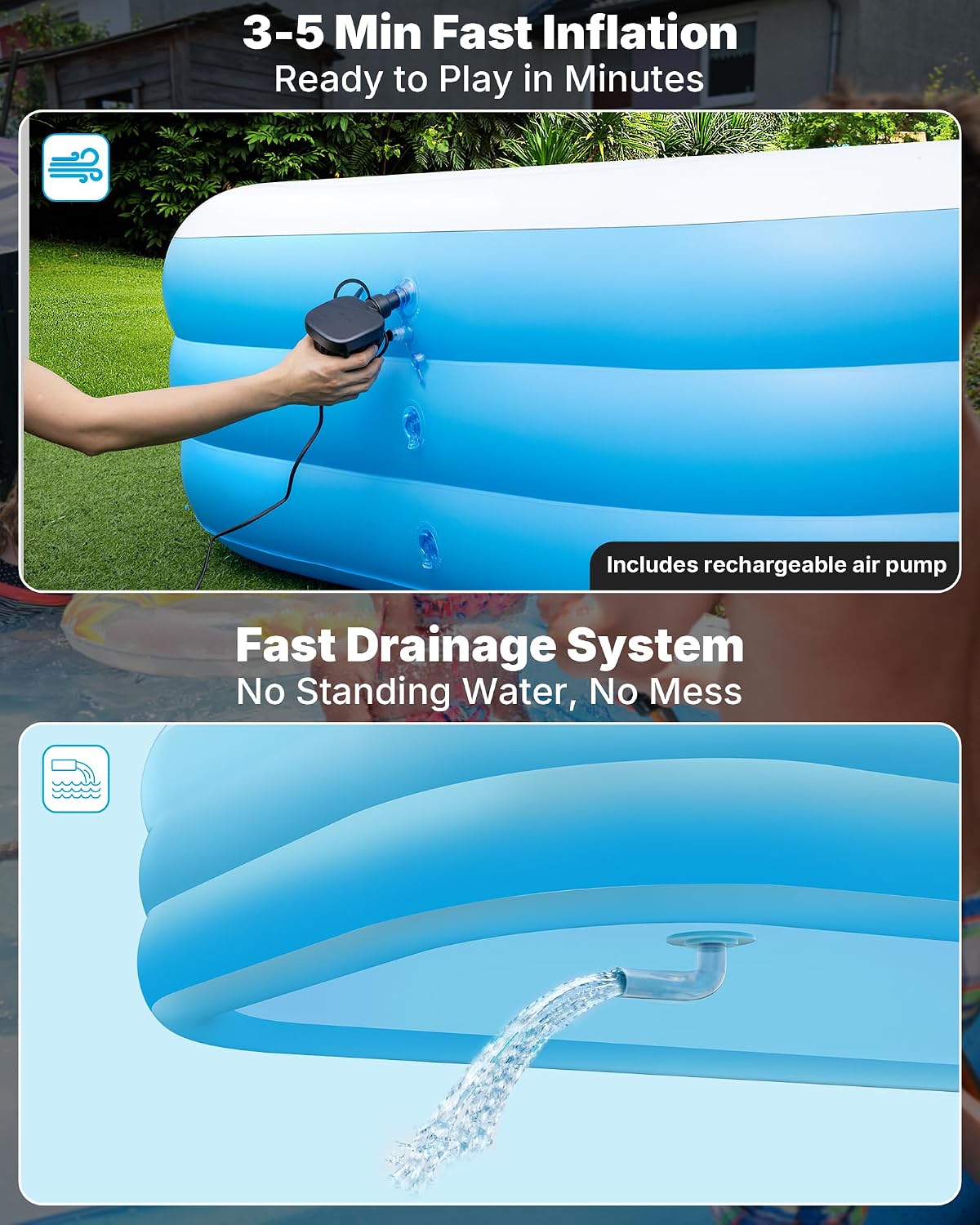 Extra Large Inflatable Pool for Adults and Kids, 145 x 74 x 22