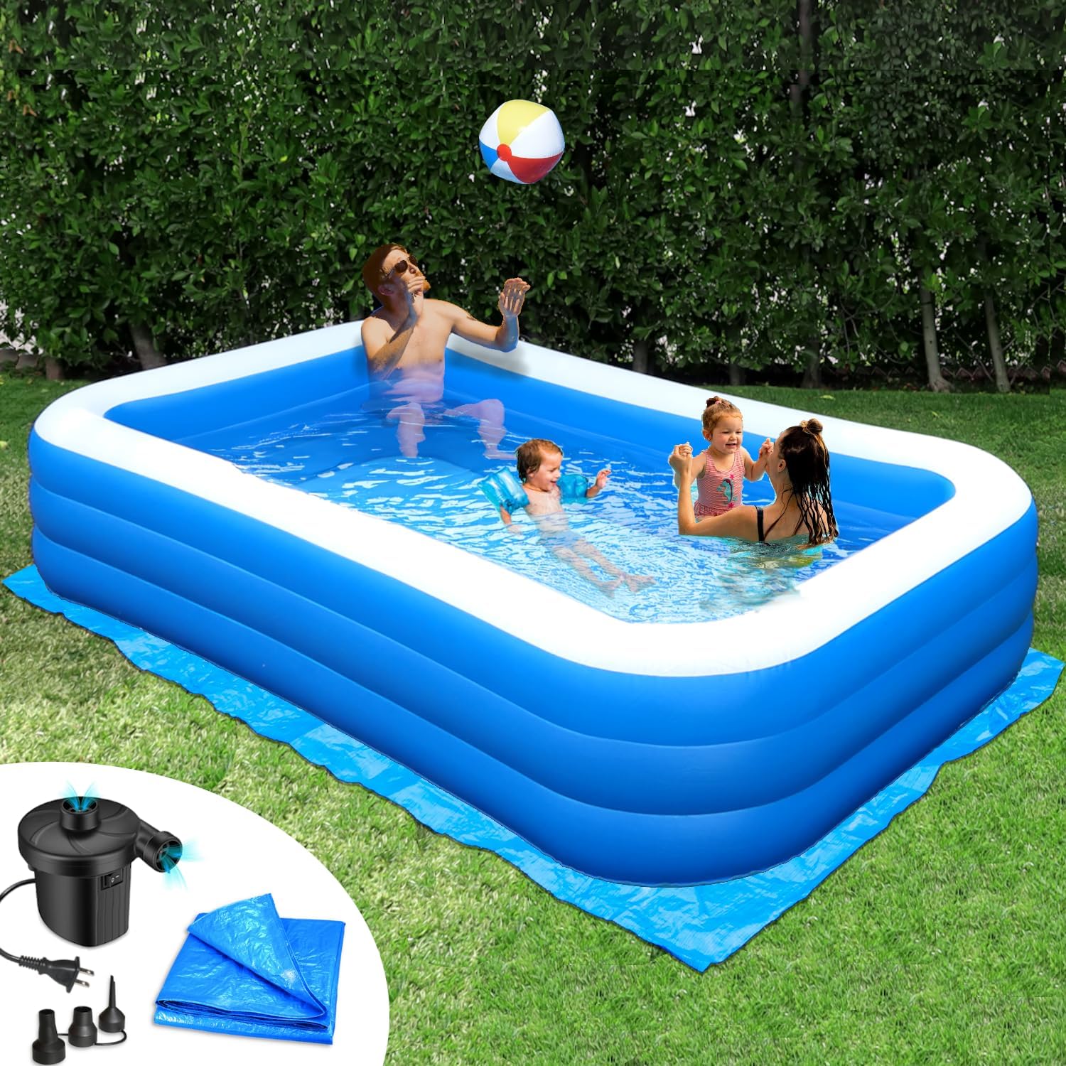 Rukala Inflatable Pool Bundle - 10ft x 6ft - Electric Pump and Ground Tarp Included