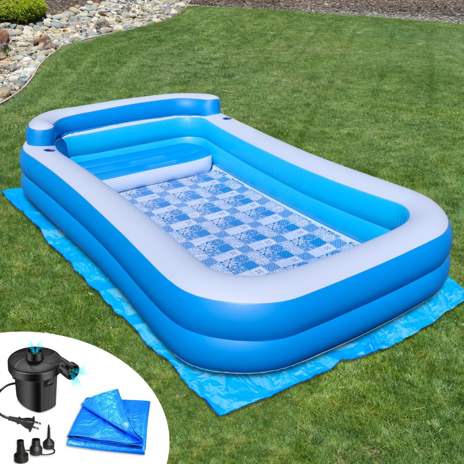 Rukala Inflatable Pool Bundle - 10ft x 6ft - Electric Pump and Ground Tarp Included