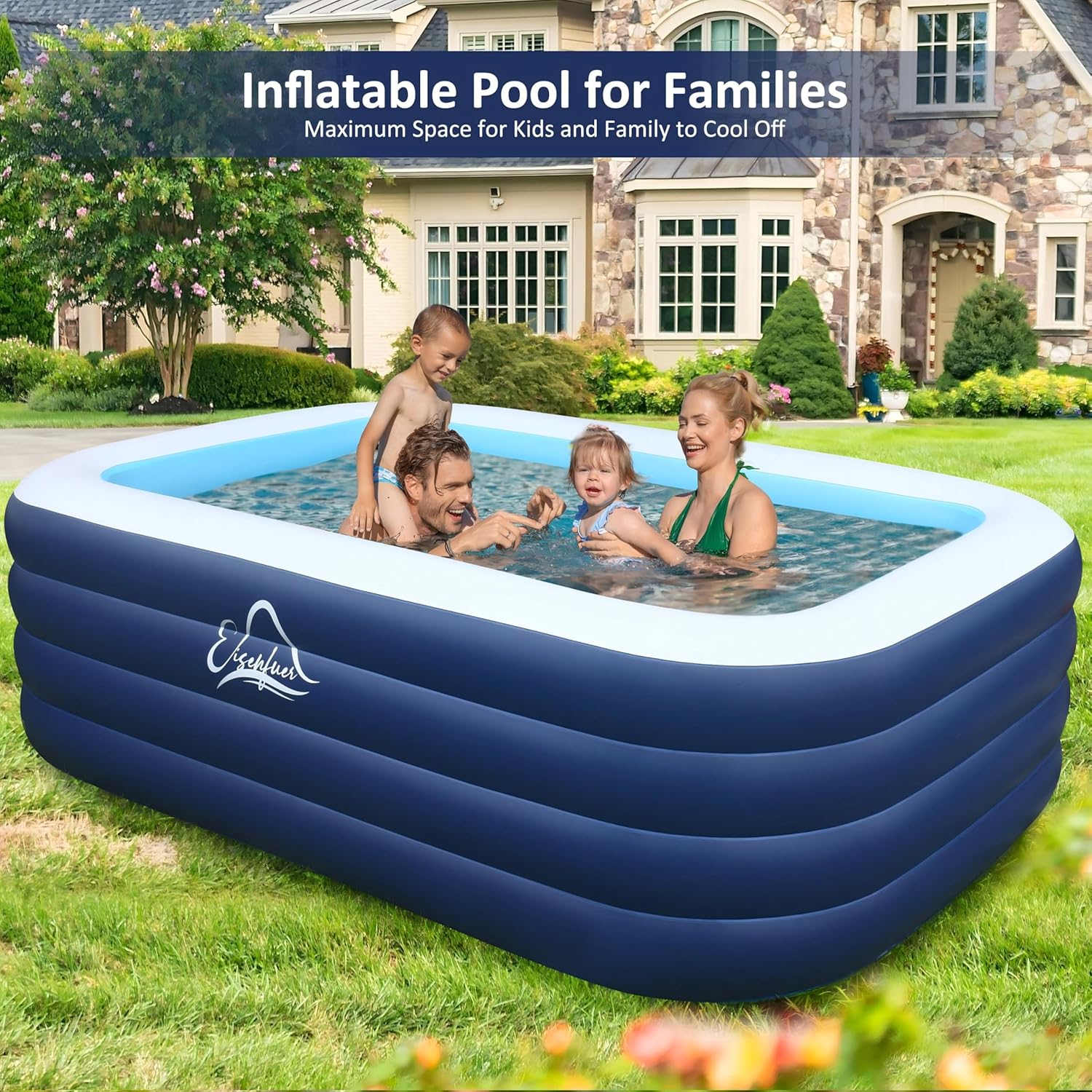 EISENFUER Inflatable Pool for Kids and Adults with No Collapse, 100 X 60 X 30