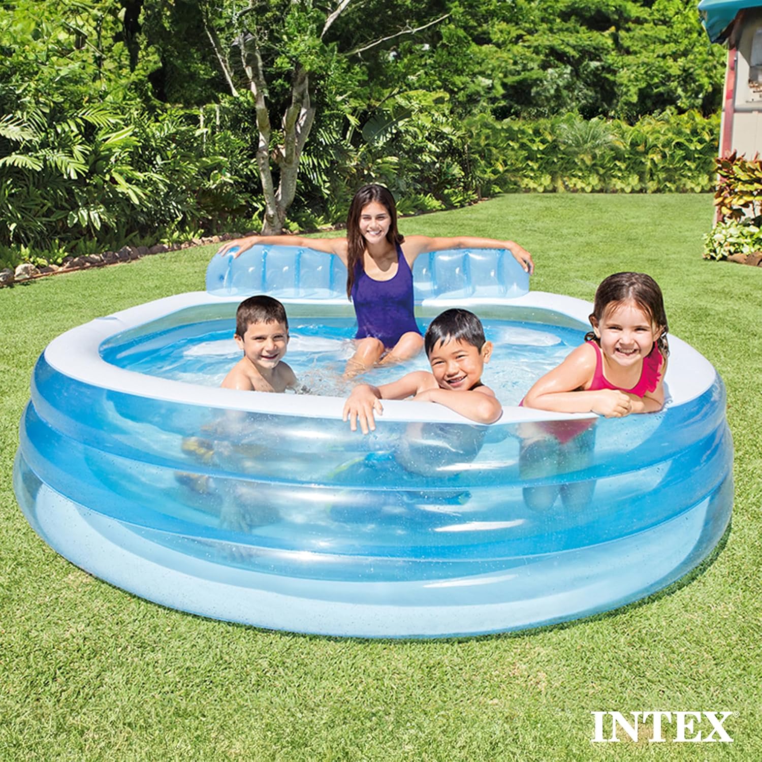 INTEX Swim Center Inflatable Family Lounge Pool: Built-In Bench – Cup Holder – 156 Gallon Capacity – 90 x 86 x 31 – Blue